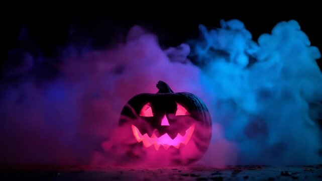 Glowing halloween pumpkin with colorful smoke against black backdrop