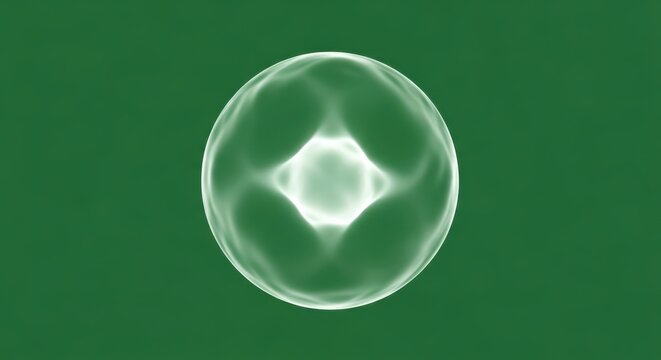 A transparent bubble with a glowing center floats in mid-air against a green background from a straight-on viewpoint as an illustration