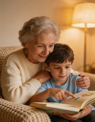 Una abuela cariñosa y su nieto se sientan juntos en un sofá acogedor leyendo un libro ilustrado. La luz cálida crea una atmósfera tierna de aprendizaje y conexión en casa.