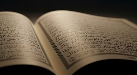 Fototapeta premium An open book lies flat, its pages filled with text, viewed from above in a dimly lit environment.