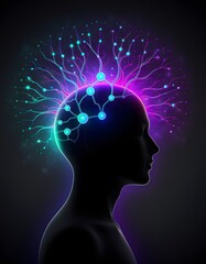 Obraz premium Human Silhouette with Glowing Thought Map Behind Representing Ideas and Digital Mind Concept