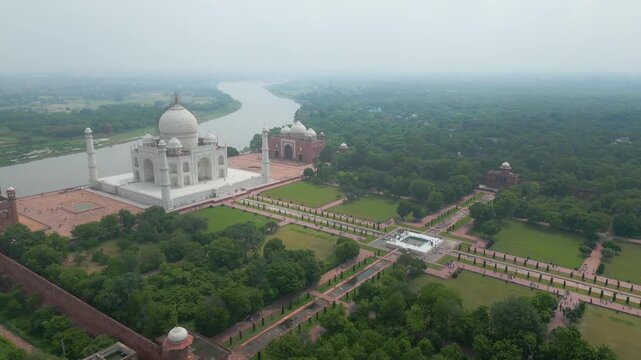 Aerial View of Agra City, Taj Mahal and Agra Fort, Uttar Pradesh, India.