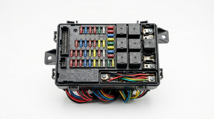 Automotive fuse box with colorful wires and relays, electrical system component