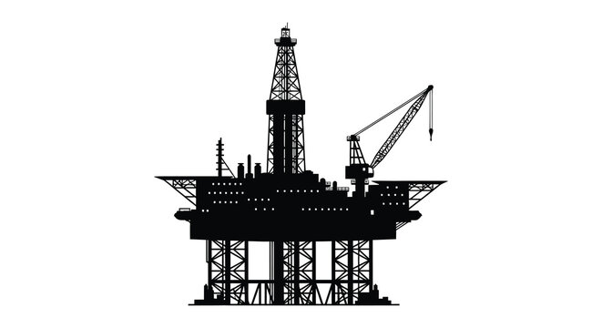 A stark black silhouette of an offshore oil rig complete with a derrick and supporting structures silhouette high quality