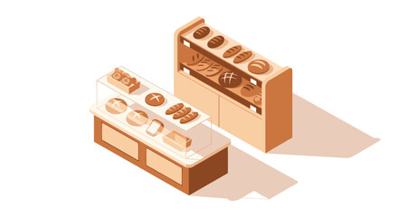 Obraz premium This isometric illustration showcases various loaves of bread in a shop display, featuring different shapes and crusts in an inviting beige color palette suitable for culinary design.