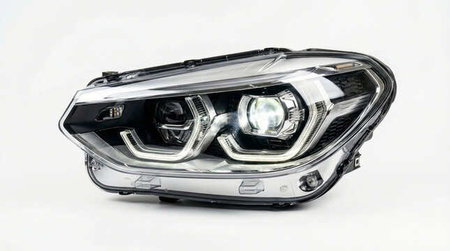 LED car headlight assembly with distinctive daytime running lights on white background
