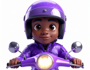 Close-up 3D Render of a Friendly Delivery Boy Character Riding a Purple Scooter