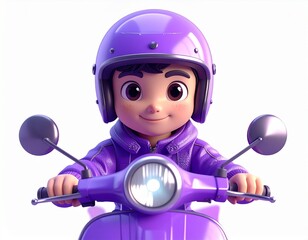 3D Character Illustration of a Delivery Courier in Purple Uniform Riding a Scooter