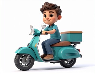 3D Character of a Delivery Boy on a Teal Scooter Carrying a Cargo Box, No Helmet