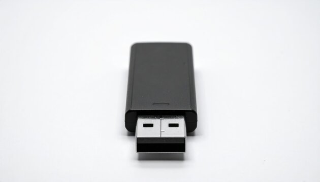 Close-up of a black USB drive on white background.