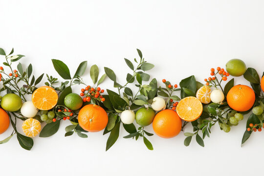 Fresh fruit arrangement with oranges, limes, and greenery creates vibrant and inviting display. Perfect for celebrations or healthy snacking