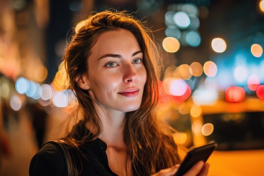 Nighttime portrait of woman using rideshare app