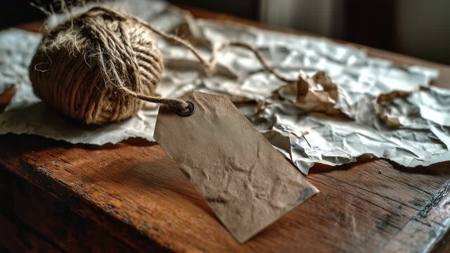 Blank kraft paper tag with twine on rustic wooden table