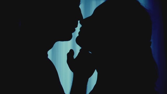 black silhouette happy romantic couple together portrait man kissing sexy young adult beauty woman face lips. gorgeous sedactive girl hugs guy. fantasy night room window bedroom dusk blue moon light