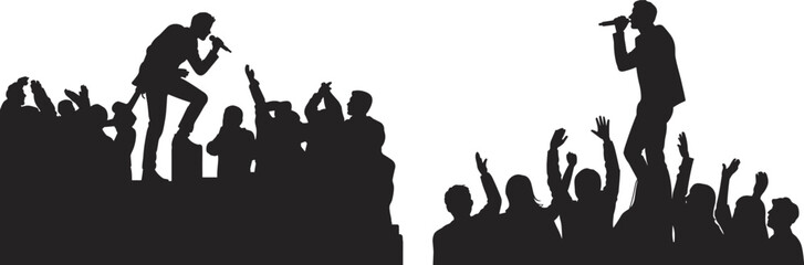 Silhouette singers performing with microphones engaging audience crowd, live music concert vector illustration, energetic performance design, artistic isolated black figure composition