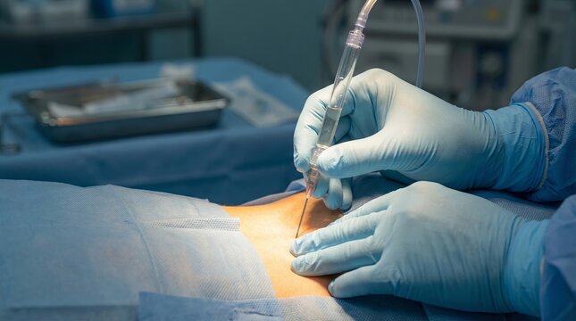 Gloved hands performing lumbar puncture with spinal needle and CSF manometer close-up