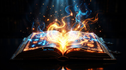 Obraz premium Magic Open Book with Glowing Light and Fire Energy Fantasy Concept