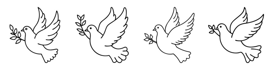 Obraz premium Four white doves holding olive branches in their beaks, black line drawing