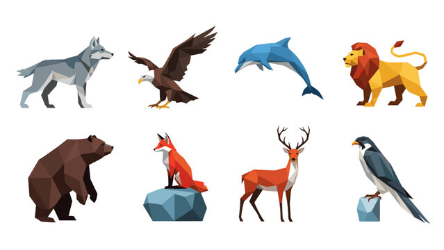 set of low poly wild animals collection with wolf eagle dolphin lion bear fox deer and falcon