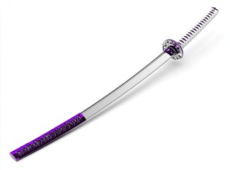 Gleaming, curved blade with a white handle and purple grip