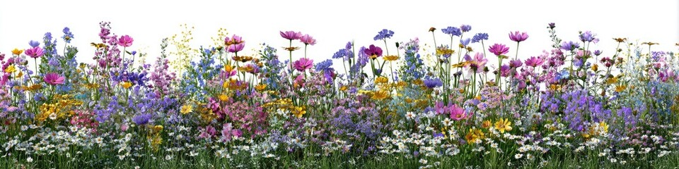 A vibrant, dense border of colorful wildflowers against a white background
