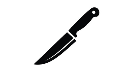 A stark black silhouette of a kitchen knife angled diagonally against a plain white background creating a bold image silhouette