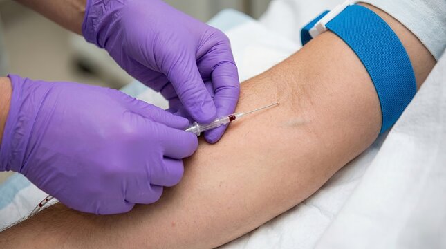 Sterile gloved hands inserting IV catheter into forearm vein in clinical setting
