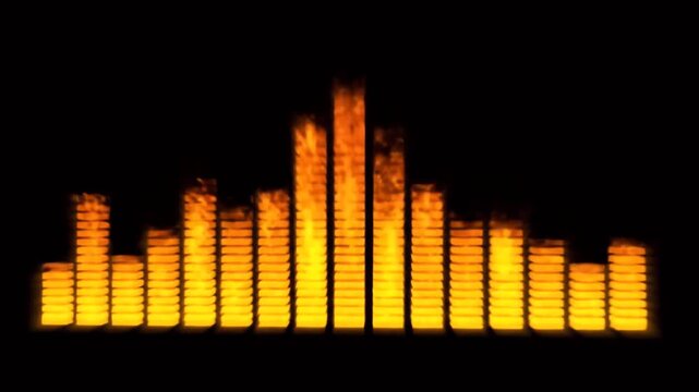 Audio Equalizer Sound Bars Glowing Bright Orange Yellow Reacting to Music Sound Waves on a Dark Black Background