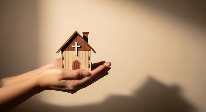 Hands cradling a miniature wooden house with a Christian cross on its roof, symbolizing faith-based home and sanctuary.