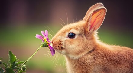 Obraz premium Adorable fluffy brown bunny with delicate ears sniffing a vibrant purple flower in a soft-focus green garden, embodying springtime's gentle charm.