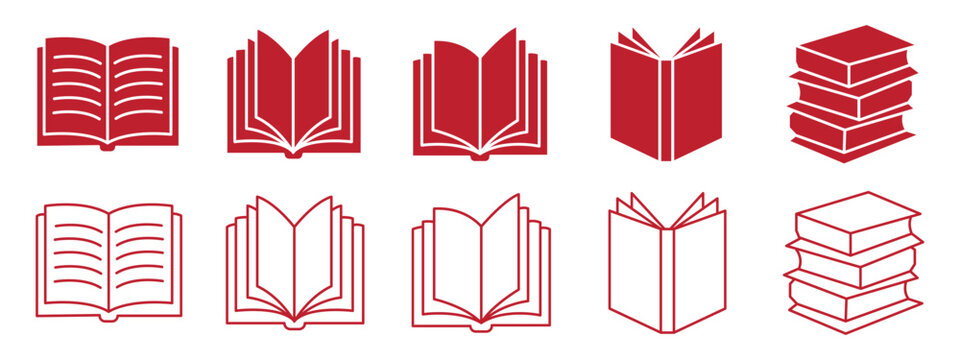 Minimalist line art book icon set featuring open textbooks and notebooks. Editable stroke