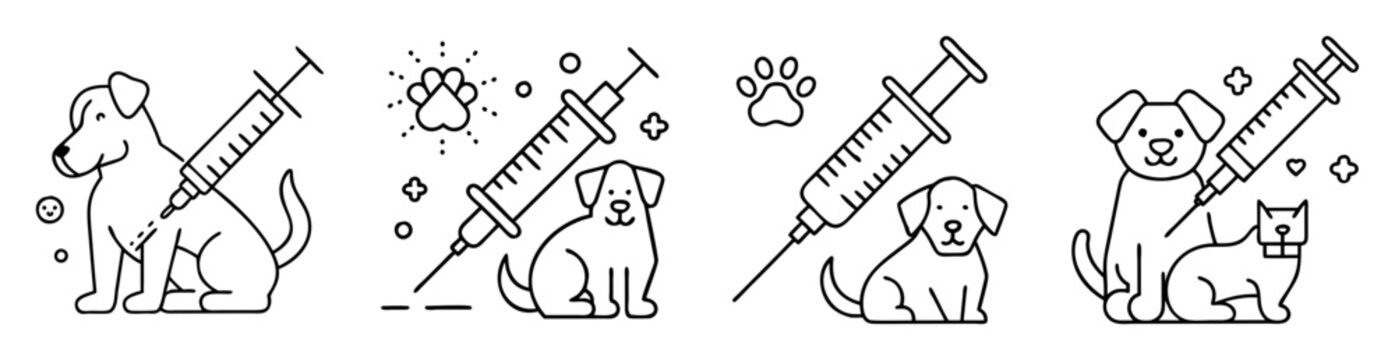 Veterinary vaccine for dog and cat in outline drawing style illustration