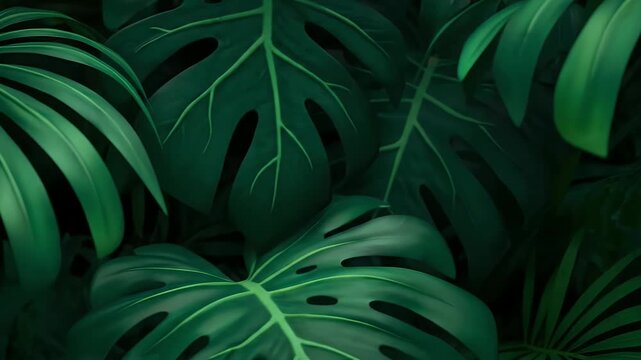 Close-up of lush dark green tropical leaves and dense foliage creating a vibrant jungle background with intricate natural patterns and textures