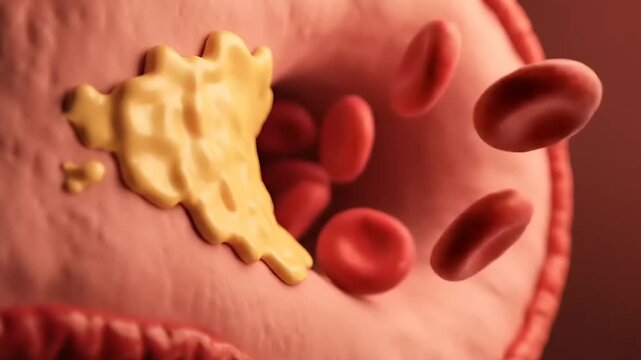 Medical illustration of cholesterol plaque formation in a blood vessel