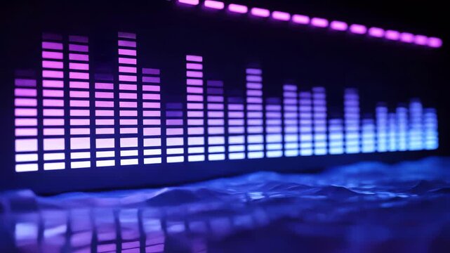Audio Equalizer Displaying Colorful Spectrum Analysis Glowing Bars Reflecting on Rippling Surface