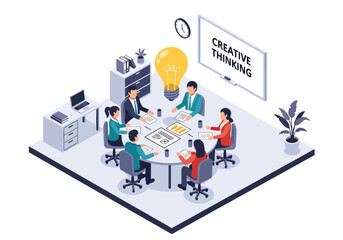 Isometric 3D vector illustration of team brainstorming ideas around table with lightbulb icons representing innovation, creativity and collaborative business strategy