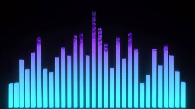 Audio Equalizer Visualizer Displaying Sound Waves with Glowing Blue and Purple Animated Bars on a Black Screen