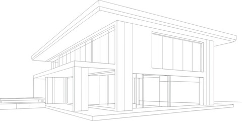Modern minimalist house architecture line drawing featuring two story luxury home with large glass windows
