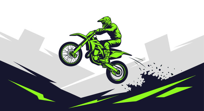 Vector graphic illustration of a motorcross rider in neon green mid-jump, conveying action and energy. Ideal for extreme sports, events, and advertisements.