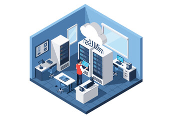 Obraz premium Isometric 3D vector illustration of cloud computing system with servers and IT staff representing digital storage, data management and enterprise technology solutions