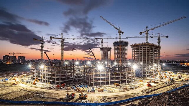 Construction site with multiple cranes silhouetted against a vibrant sunset sky