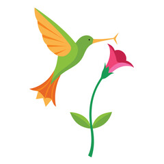 Obraz premium Vibrant green hummingbird with orange accents feeding nectar from a beautiful pink bell flower