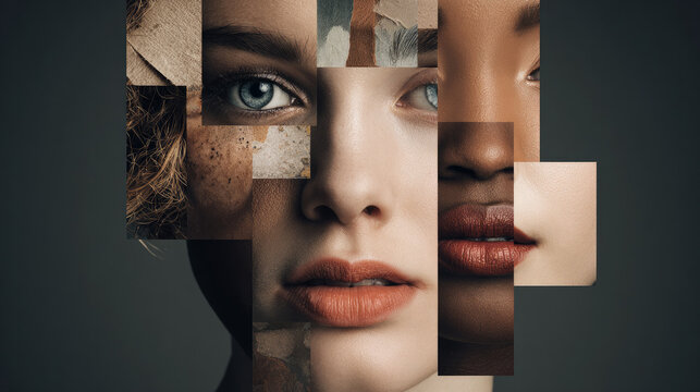 Parts of the face of people of different ethnicities using creative beauty collage
