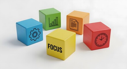 Fototapeta premium Colorful Business Focus Concept with Yellow 'FOCUS' Cube and Diverse Strategic Icons on White Background