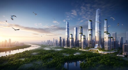 Fototapeta premium Digital rendering of a futuristic city skyline with lush green spaces and birds at sunrise