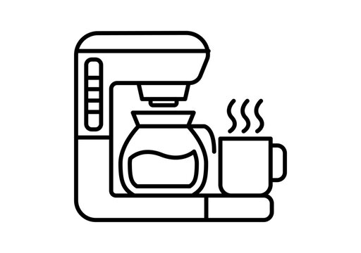Icono lineal de una cafetera el&eacute;ctrica con jarra de cristal y taza humeante