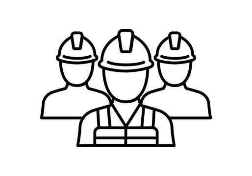 Icono de equipo de tres trabajadores de la construcci&oacute;n con cascos de seguridad y chaleco reflectante