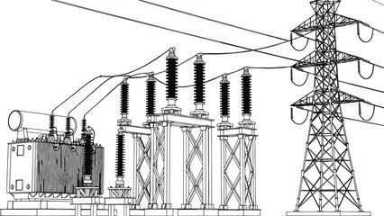 Electrical substation with high voltage transformer and transmission tower, power grid infrastructure equipment, energy distribution facility technical line art vector