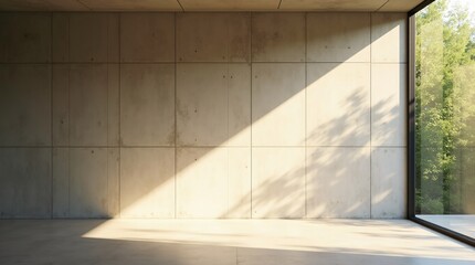 Obraz premium A minimalist concrete wall with a sharp diagonal beam of warm sunlight casting soft tree shadows, flanked by floor-to-ceiling glass windows that open to a lush green forest, creating a serene, modern.