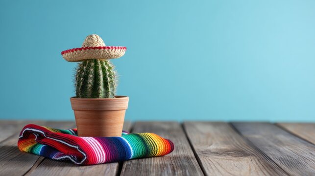 Potted cactus with straw sombrero on rustic wooden surface and vibrant Mexican blanket. Minimal festive setup celebrating Cinco de Mayo with colors and cultural charm